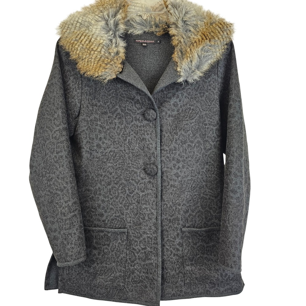 Robert Kitchen Canada Womens S‎ Coat Jacket Charcoal Grey Leopard Print Faux Fur